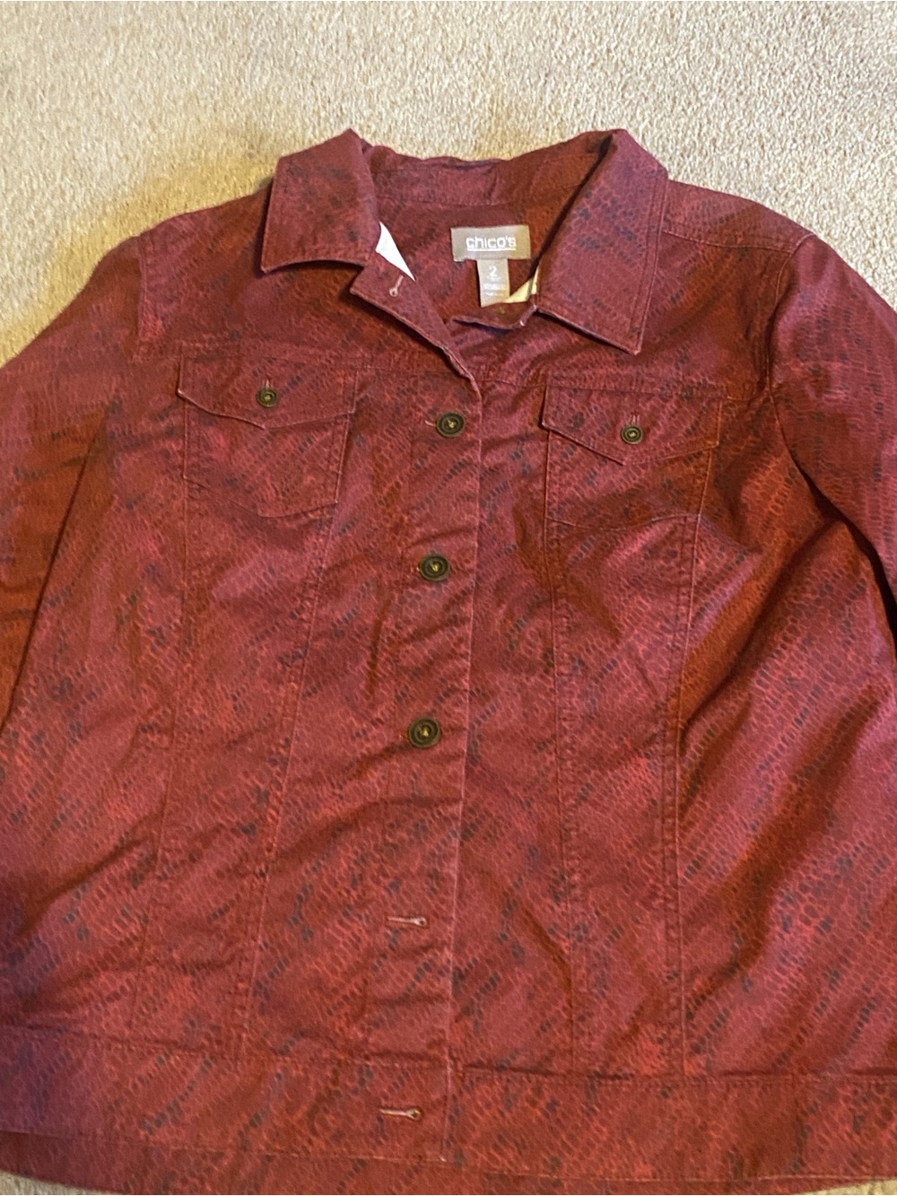 Chico's Women's Burgundy Textured Button-Front Jean Jacket